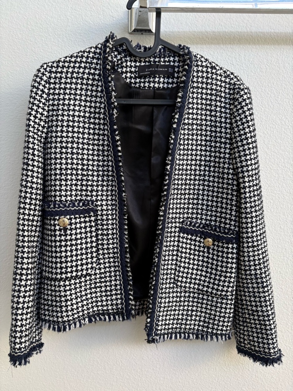 Zara Black & White Houndstooth Fringe-Trim Tweed Blazer